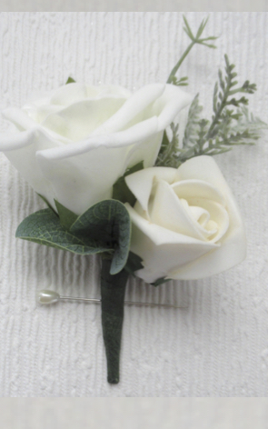 Ivory Rose & Bud Buttonhole with Sage/Grey Flocked Foliage